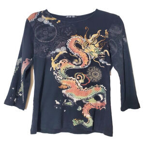 Vintage Y2K Womens Small Top Long Sleeve Tee Black DRAGON Graphic Katrina Marie